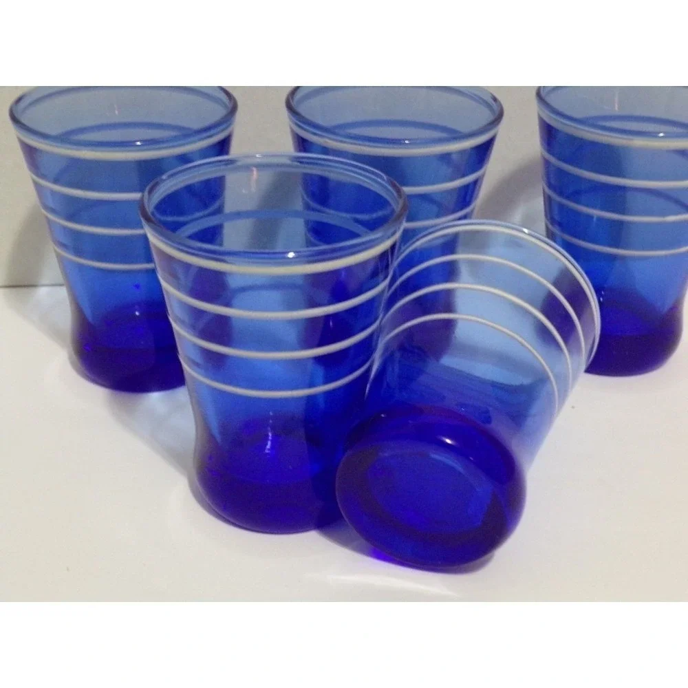 Vintage Hazel Atlas White Rings Cobalt Blue 4 oz Glasses Set‎ of 5 From 1950's